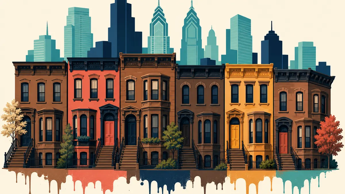 Groovy Hues illustration of brownstones and downtown towers — painting in Logan Square