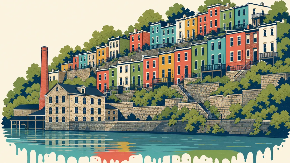 Groovy Hues illustration of hillside rowhomes above the river — painting in Manayunk