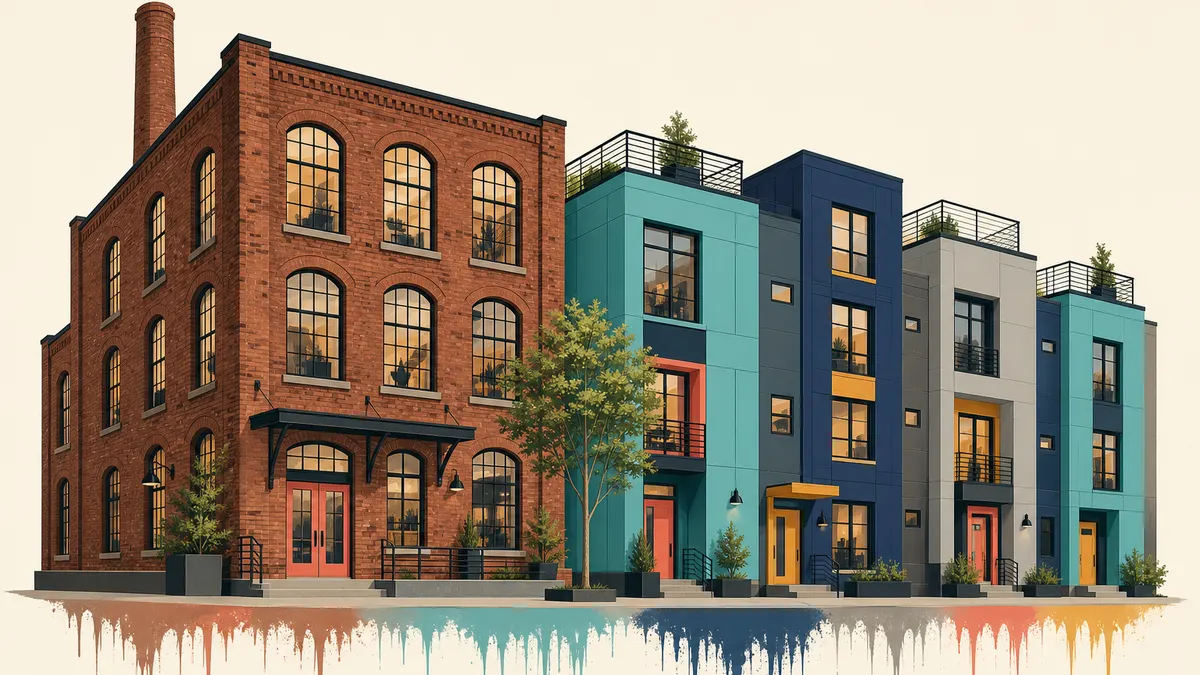 Groovy Hues illustration of converted lofts and new townhomes — painting in Brewerytown