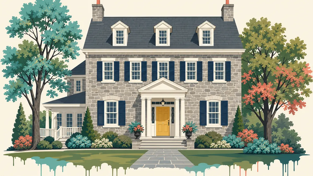 Groovy Hues illustration of Main Line stone colonial — painting in Ardmore