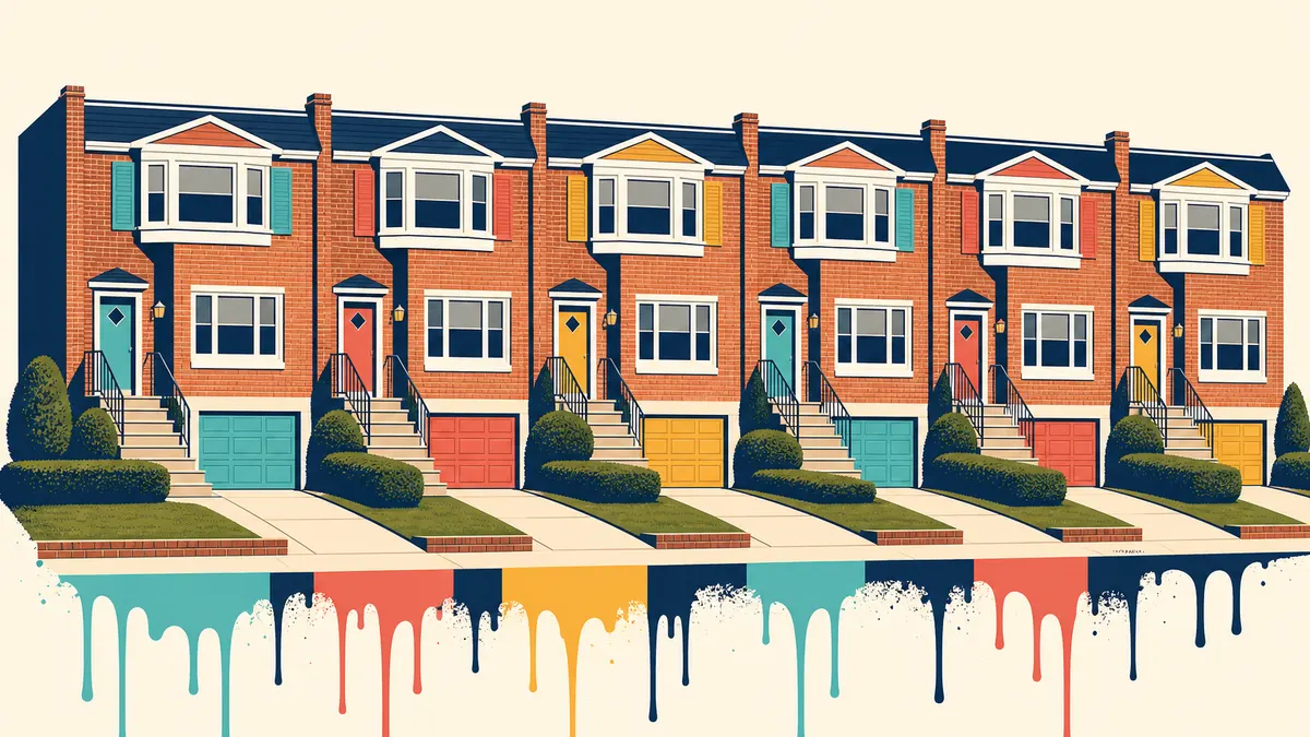 Groovy Hues illustration of postwar brick rowhomes with lawns — painting in Bustleton