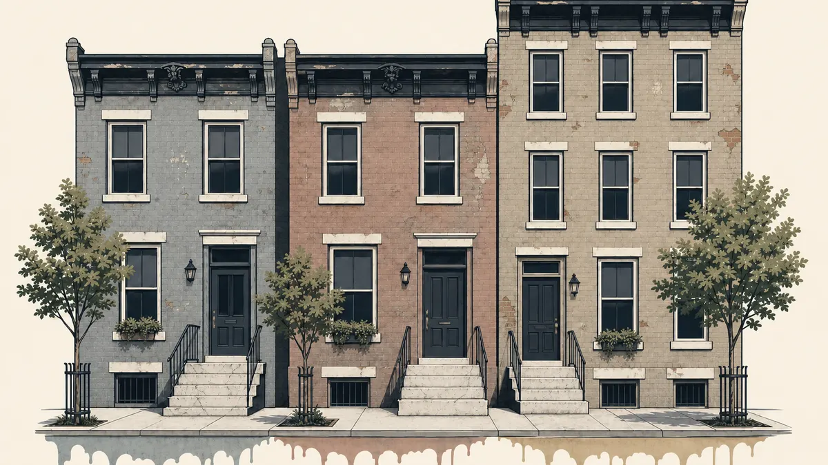 Illustration of faded, peeling Philadelphia rowhome fronts before repainting