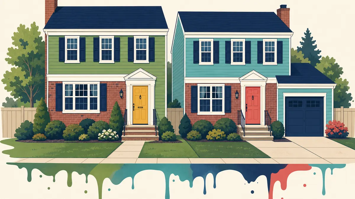 Groovy Hues illustration of suburban colonial homes — painting in Jamison