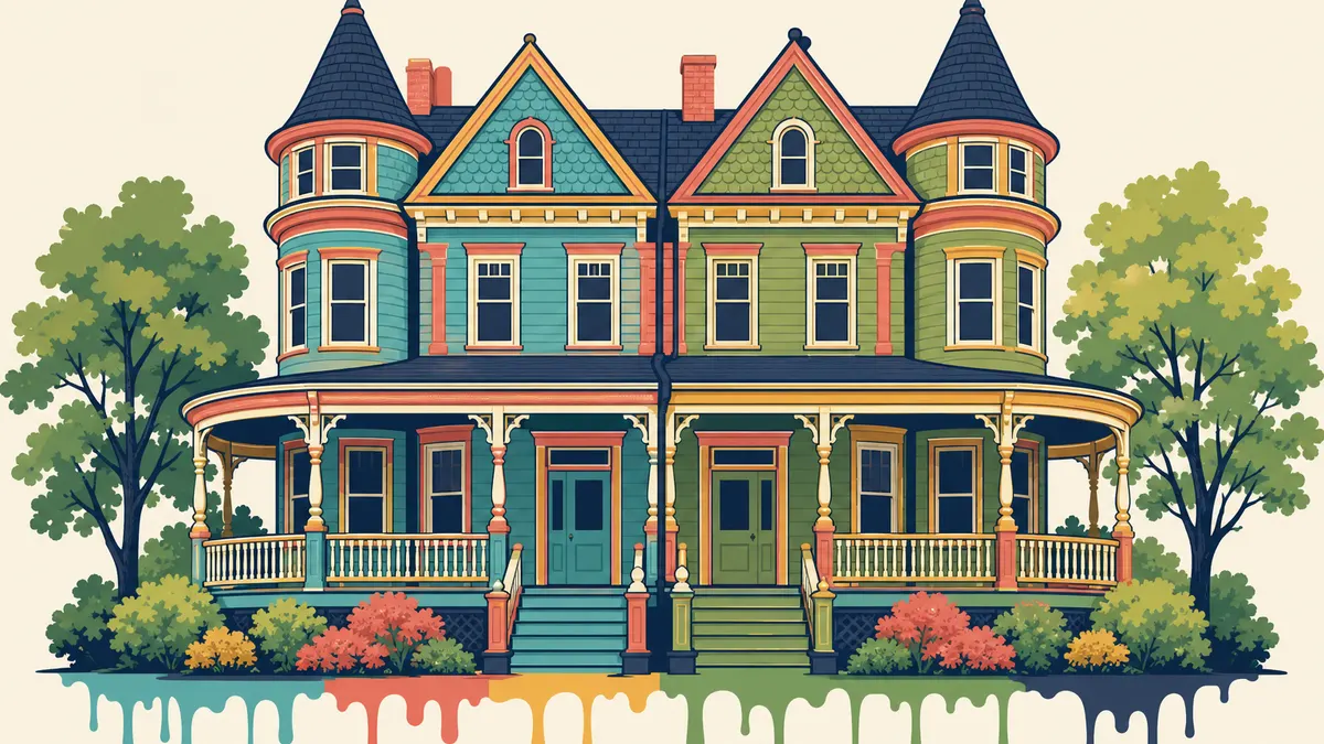 Groovy Hues illustration of turreted Victorian twins — painting in Hatboro